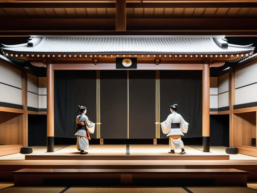 Imagen de un escenario de teatro Noh japonés con influencia de la poesía Noh, iluminado por luz natural y con intenso ambiente cultural y artístico