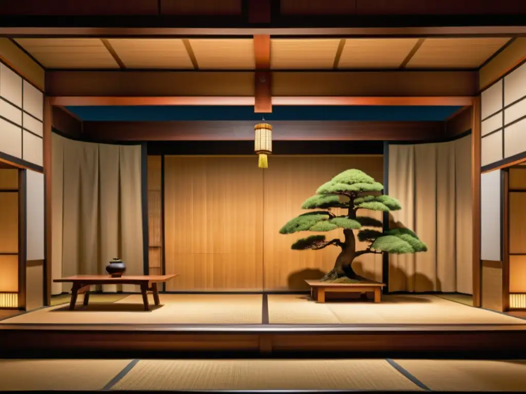 Imagen en 8k de un escenario de teatro Noh japonés, con arquitectura de madera detallada y diseño minimalista