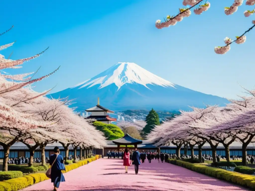 Imagen de una escuela japonesa tradicional rodeada de cerezos en flor, con estudiantes uniformados