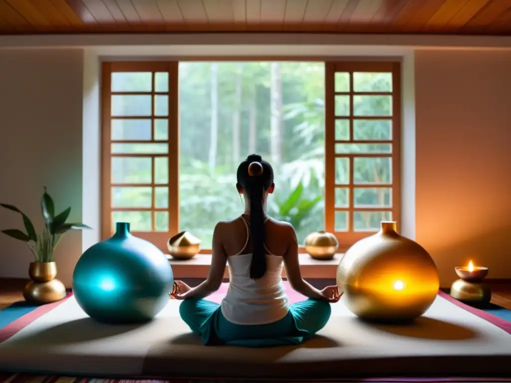 Imagen de espacio de meditación con cuencos tibetanos para estrés, creando atmósfera de calma y paz interior