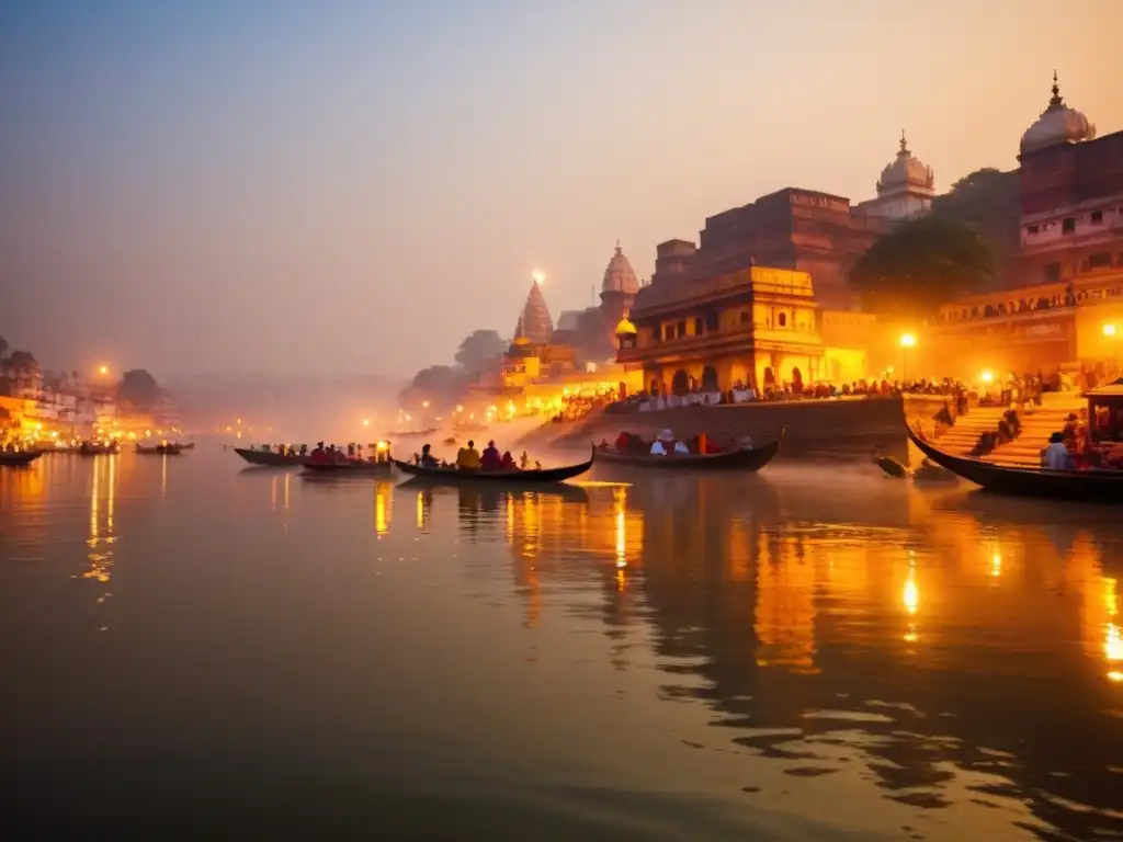 Imagen de la espiritualidad del Ganges en India al amanecer, con neblina matutina, ghats y templos a la orilla del río, y peregrinos en rituales