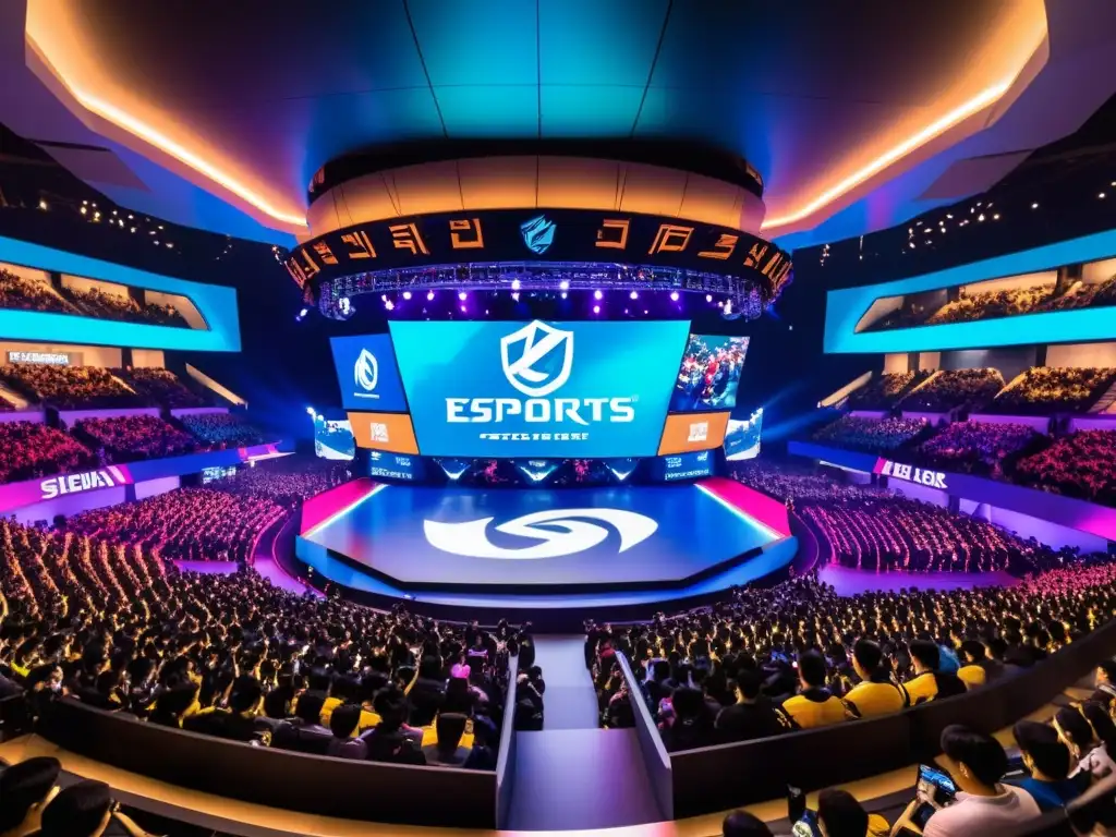 La imagen muestra un estadio de esports en Seúl, Corea del Sur, con fanáticos apasionados y vibrantes luces de neón