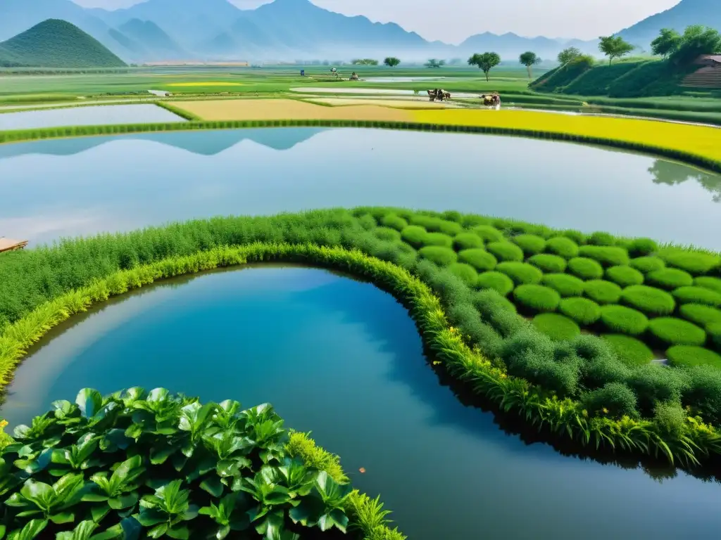 Imagen de estanques en la agricultura oriental, reflejando la armonía y sostenibilidad del paisaje agrícola chino