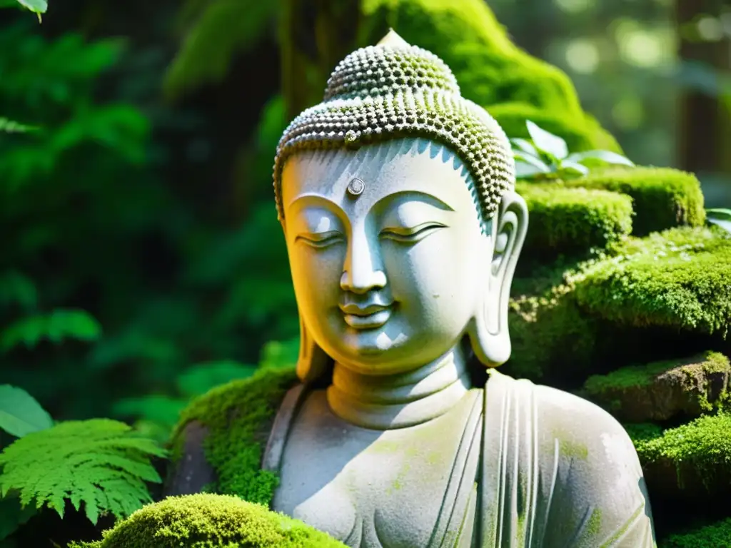 Imagen de una estatua de Buda de piedra cubierta de musgo verde en un claro del bosque, evocando serenidad y contemplación budista