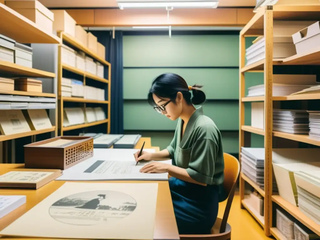 Imagen de estudio de animación japonés vintage, con artistas trabajando en cels, rodeados de bocetos y materiales de referencia