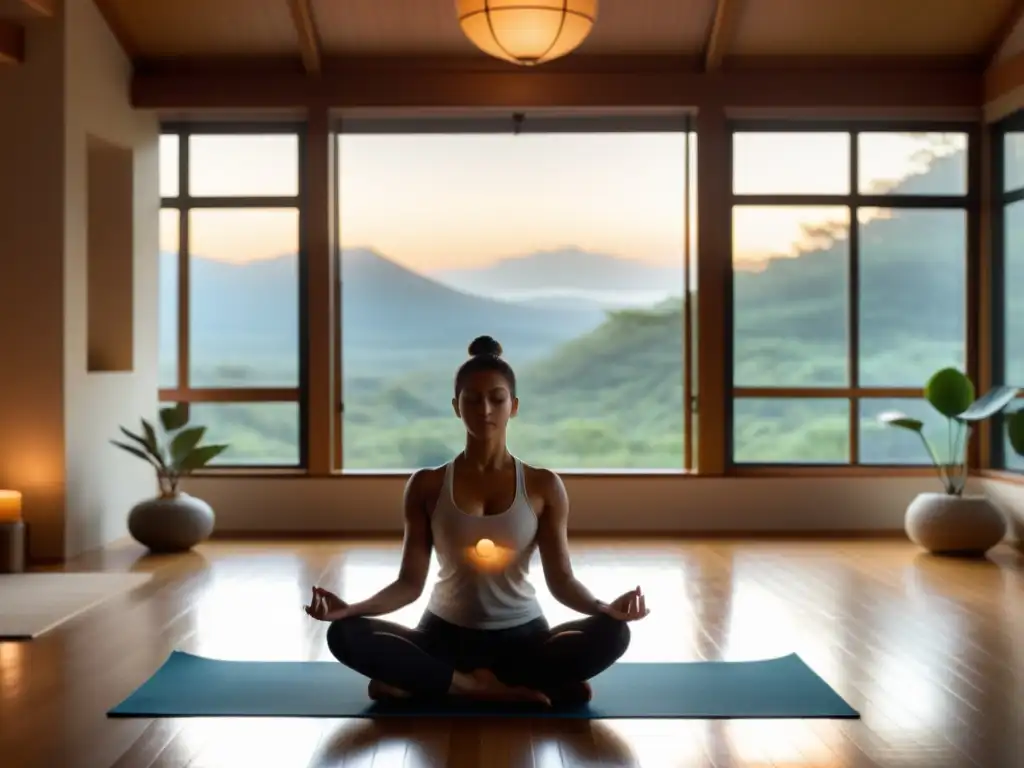 Imagen de un estudio de yoga sereno, iluminado suavemente, donde se practican técnicas ancestrales de Pranayama para una vida armoniosa