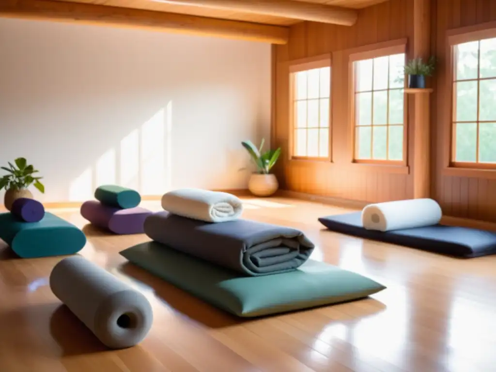 Imagen de un estudio de yoga sereno con participantes en posturas de yoga restaurativo, rodeados de accesorios y una atmósfera de calma y tranquilidad