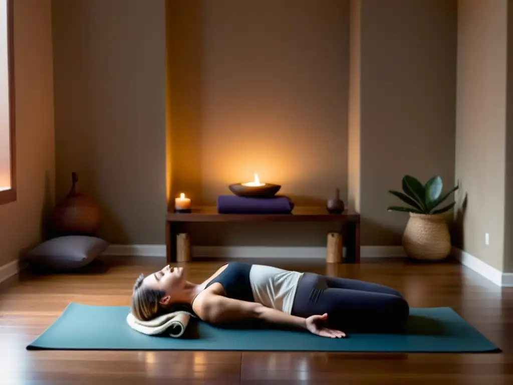 Una imagen de un estudio de yoga sereno con una persona relajada practicando Yoga Nidra, transmitiendo calma y bienestar