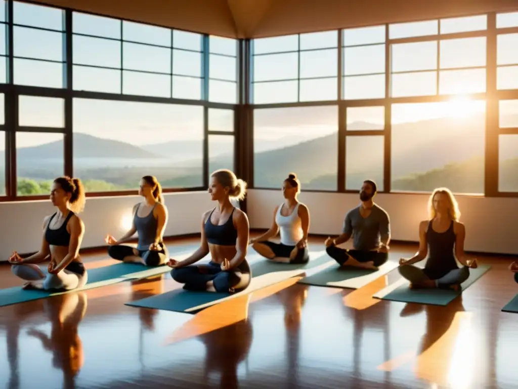 Imagen de estudio de yoga con técnicas de pranayama, iluminado por la cálida luz natural, evocando serenidad y espiritualidad