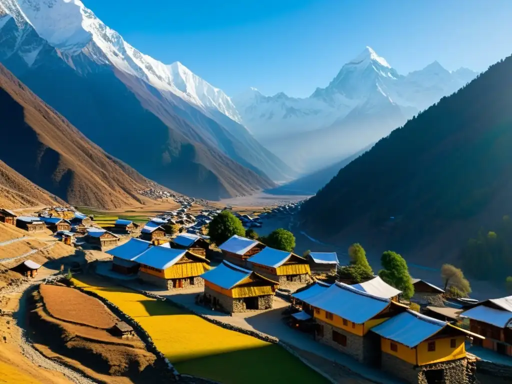 Imagen evocadora de una aldea aislada en el Himalaya, con tradicionales casas de piedra y madera, ondean banderas de oración