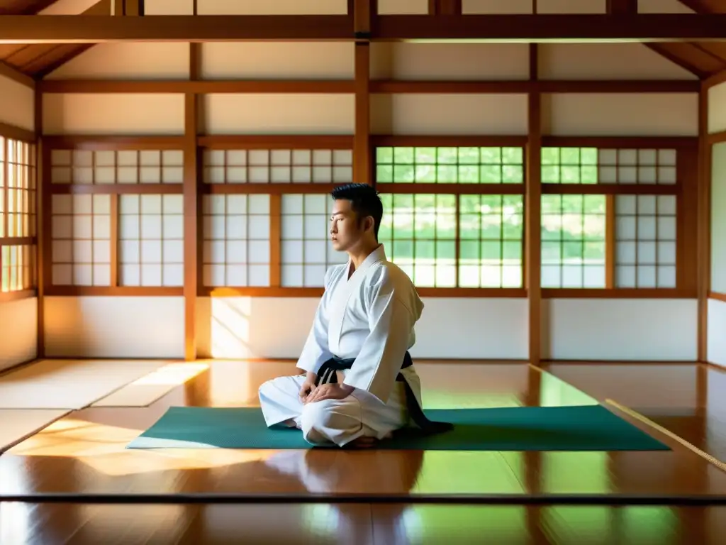 Una imagen evocadora de un dojo de artes marciales sereno, con luz natural iluminando el suelo de madera