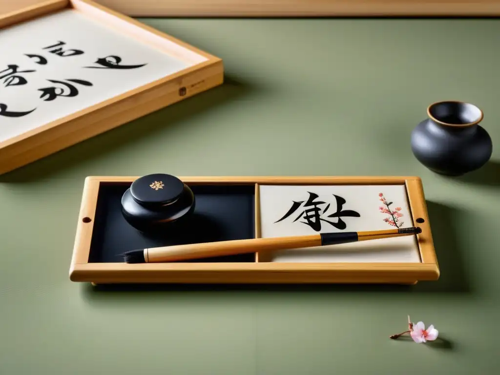 Una imagen evocadora de un elegante set de caligrafía japonesa, con detalles de cerezos pintados a mano