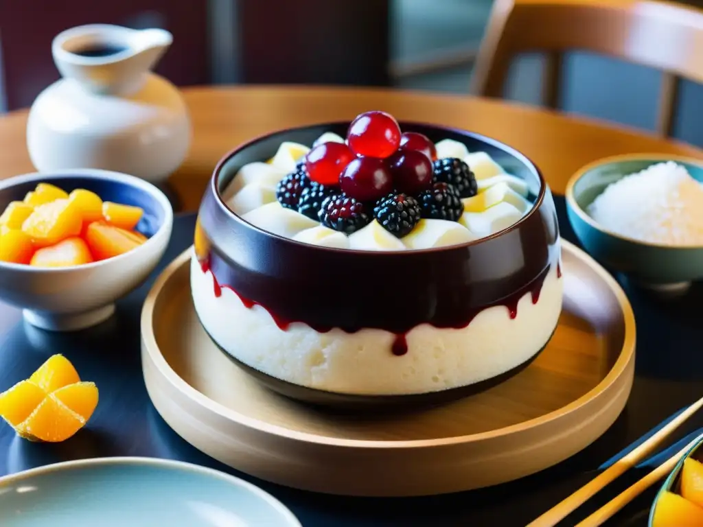 Una imagen evocadora de la tradición y belleza del Patbingsu, con frutas frescas y utensilios tradicionales coreanos