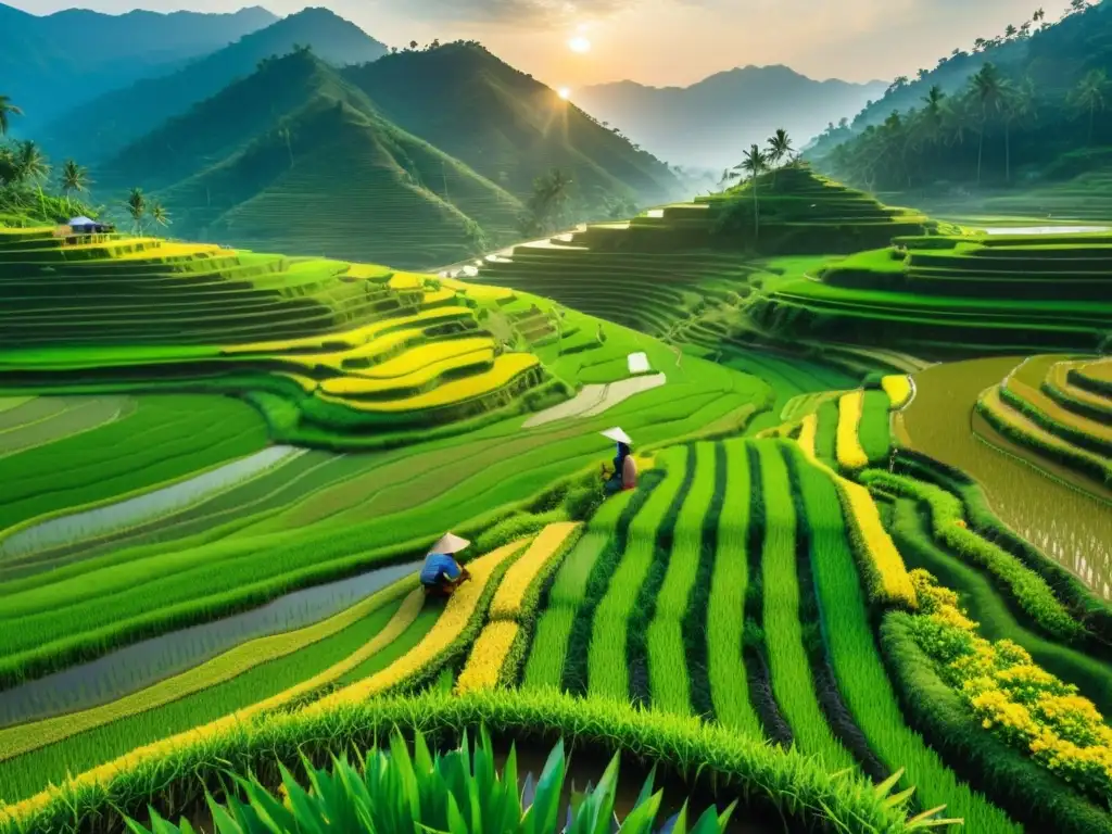 Imagen de un exuberante campo de arroz en Asia, con trabajadores cosechando bajo la cálida luz del atardecer