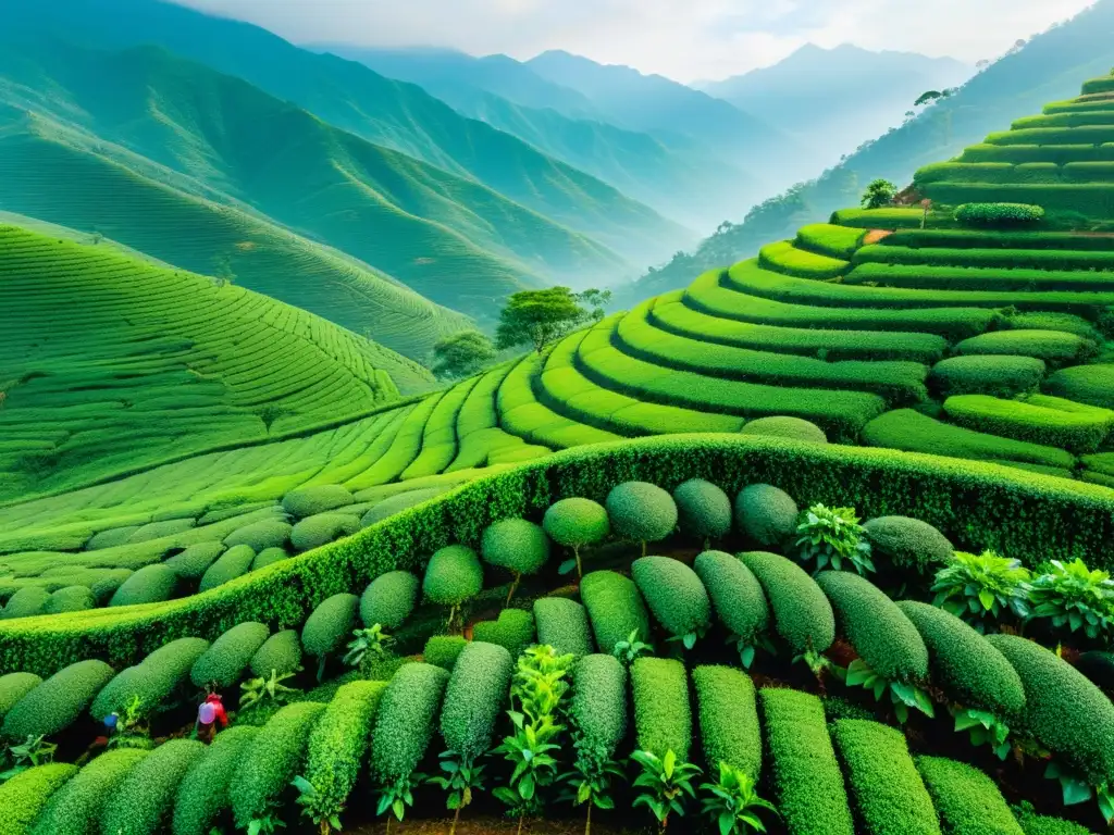 Imagen de una plantación de té exuberante en un paisaje asiático, donde los trabajadores cosechan las hojas verdes