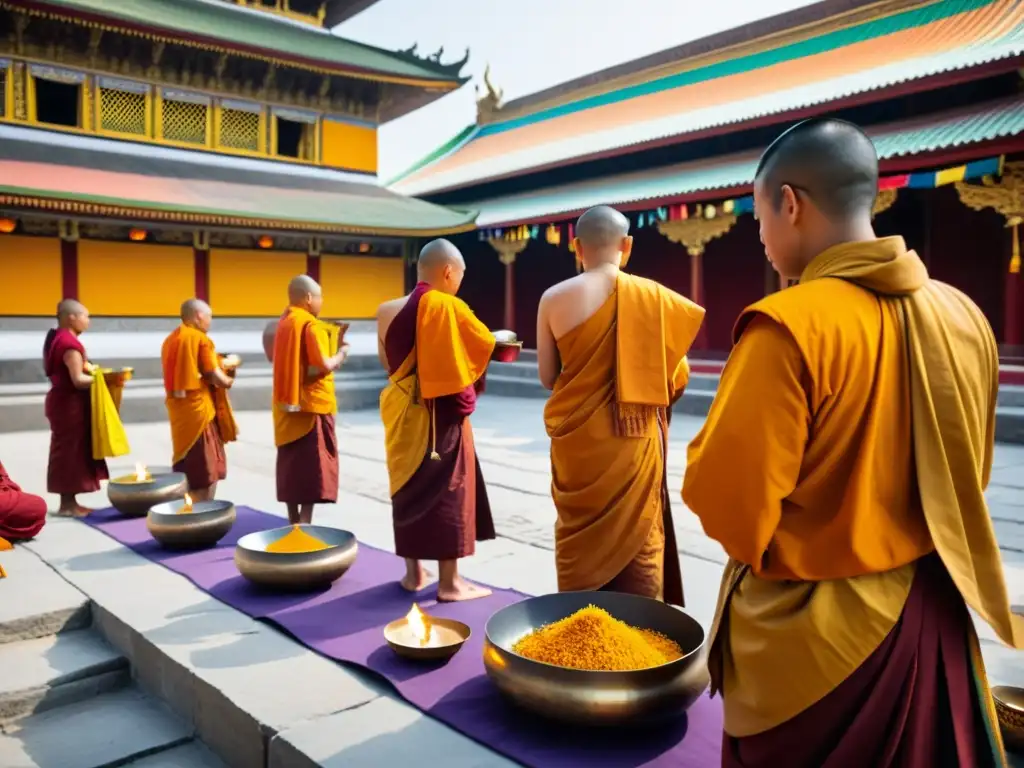 Imagen del Festival budista Ulambana: monjes en saffron realizan ofrendas en templo sereno