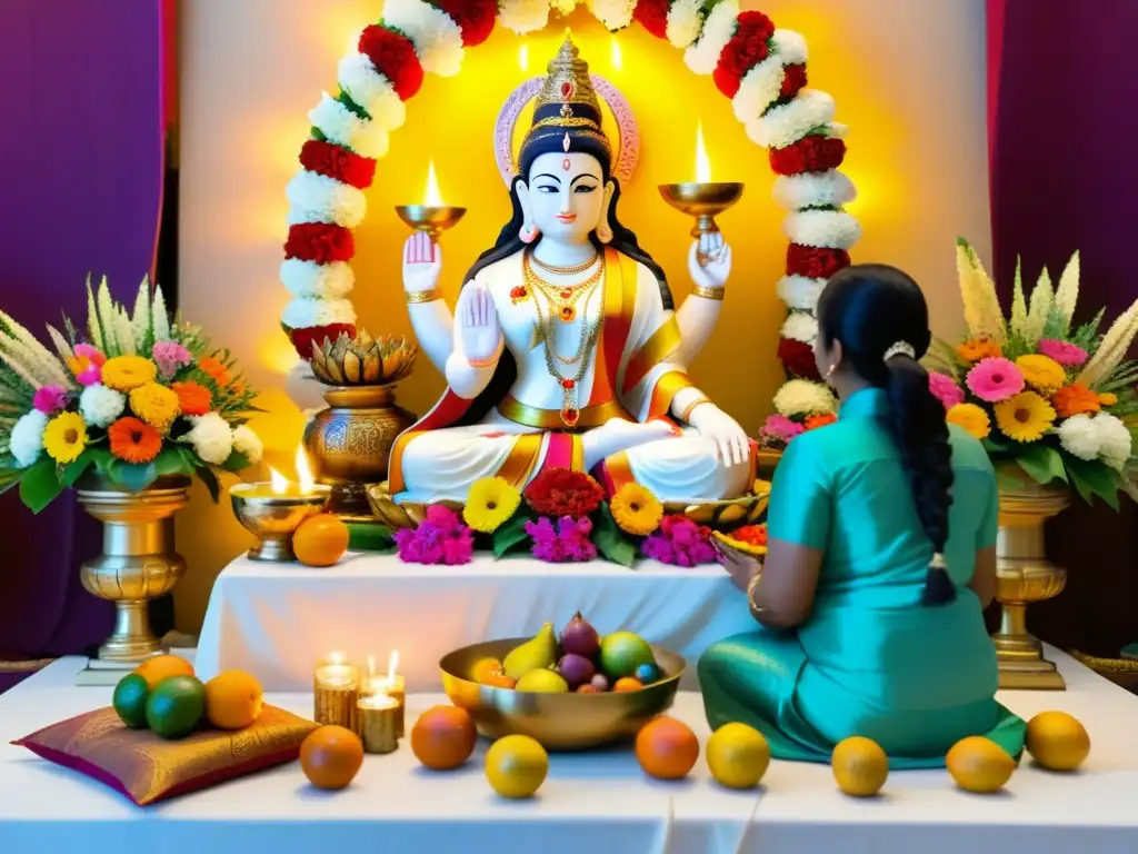 Imagen del Festival Hindú Basant Panchami: devotos rezando frente a un altar vibrante con la diosa Saraswati en el centro, rodeado de flores y frutas