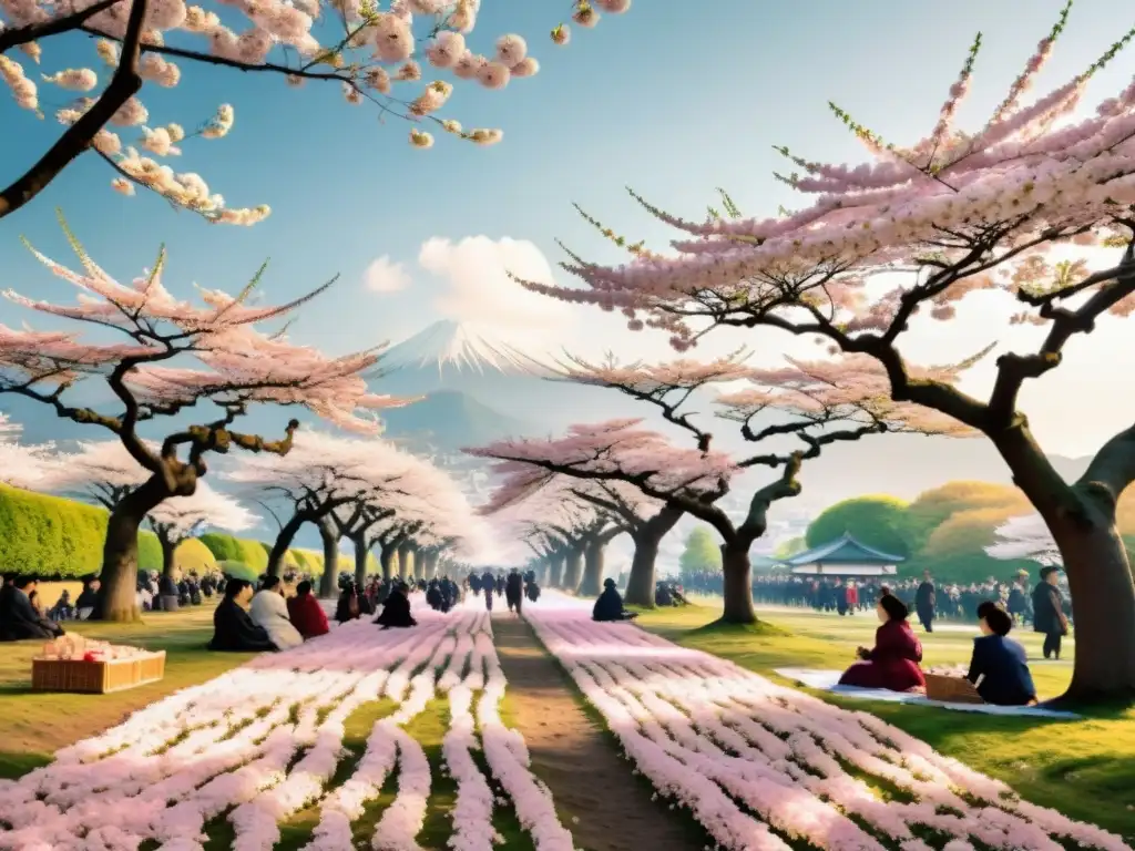 Imagen 8k del festival japonés hanami con cerezos en flor y personas disfrutando de un picnic bajo los árboles