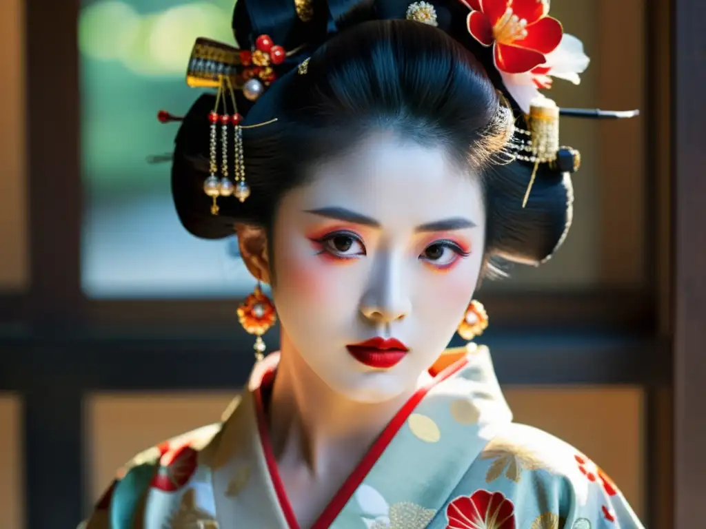 Imagen de una geisha japonesa con enigmática feminidad, vistiendo un hermoso kimono con detalles florales y maquillaje exquisito