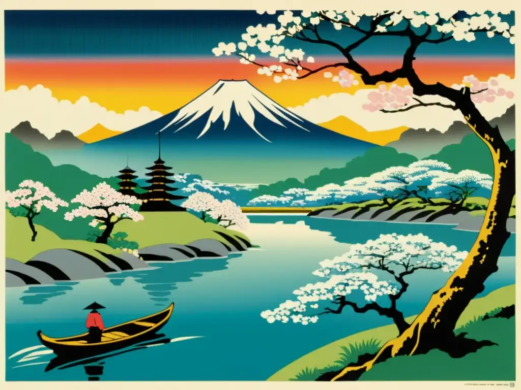 Imagen de grabado japonés con paisaje de cerezos en flor y montaña al fondo, reflejando la influencia del arte japonés en la cultura pop