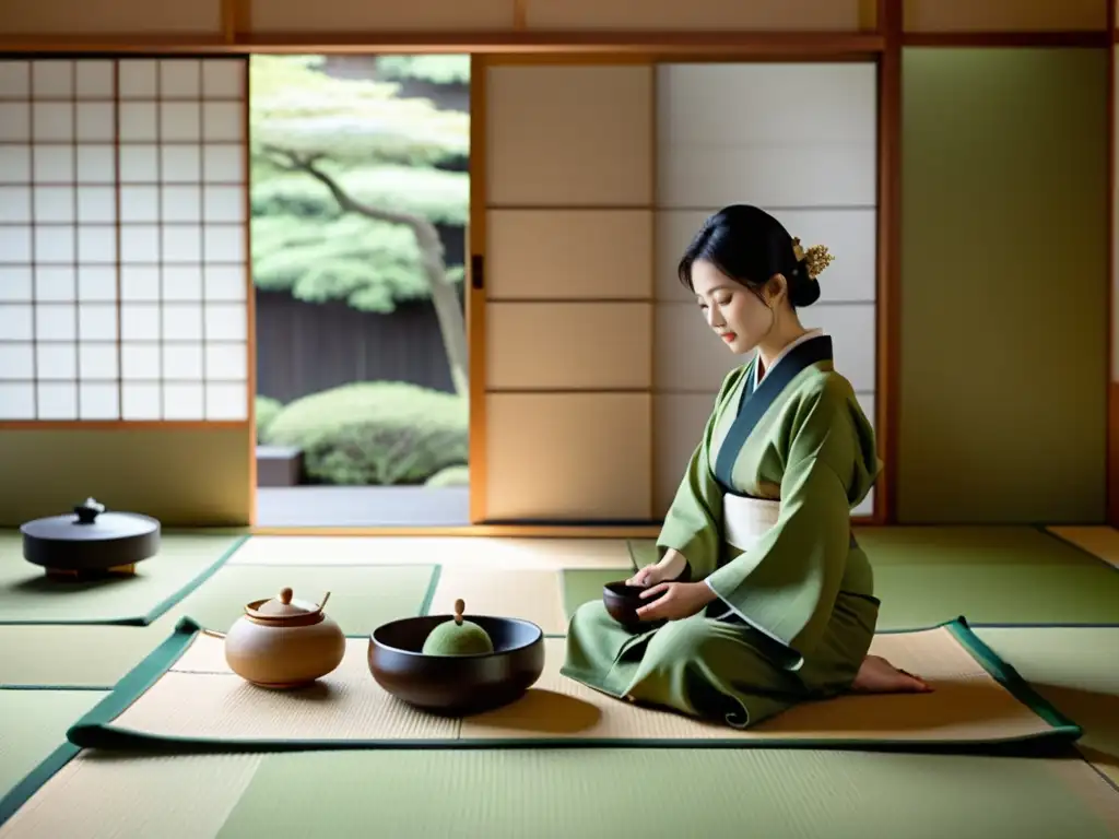 Imagen de una hermosa ceremonia del té japonesa en una habitación minimalista con paletas cromáticas tendencias Occidente