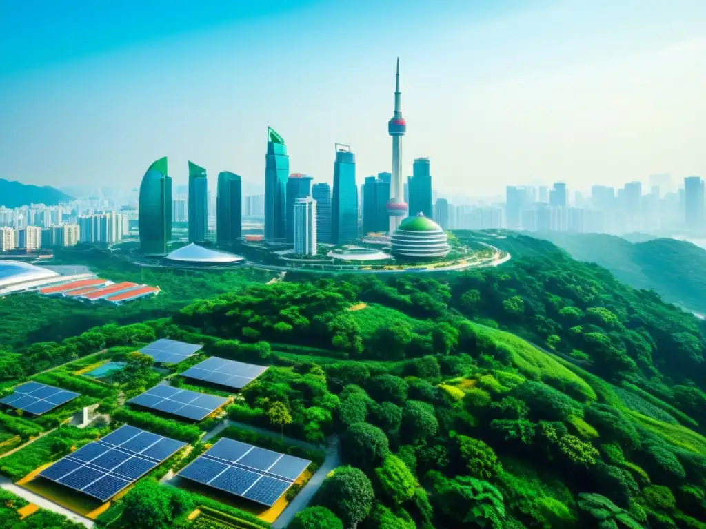 La imagen muestra un horizonte urbano en Asia con tecnología verde, como paneles solares y turbinas eólicas, rodeado de exuberante vegetación