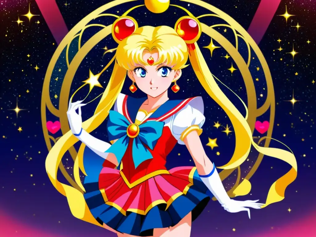 Una imagen de alta resolución del icónico cambio de Sailor Moon, con colores vibrantes y motivos celestiales