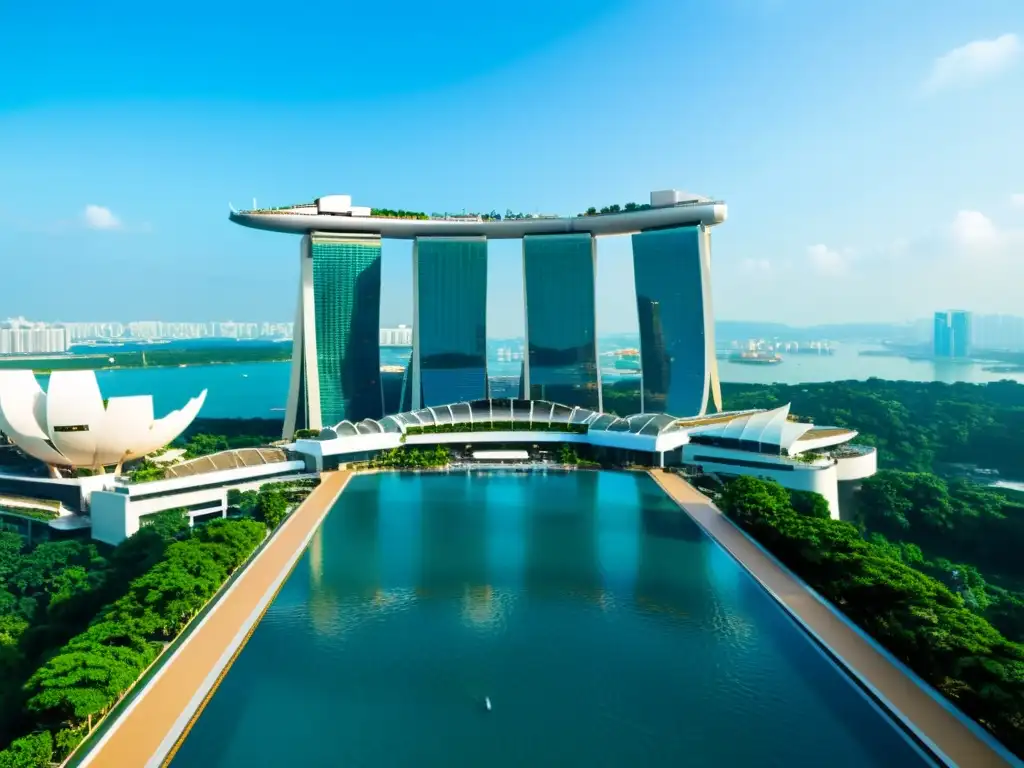 Una imagen de alta resolución del icónico hotel Marina Bay Sands en Singapur, con su impresionante piscina infinita en la azotea que ofrece vistas a la ciudad, rodeada de exuberante vegetación y maravillas arquitectónicas modernas