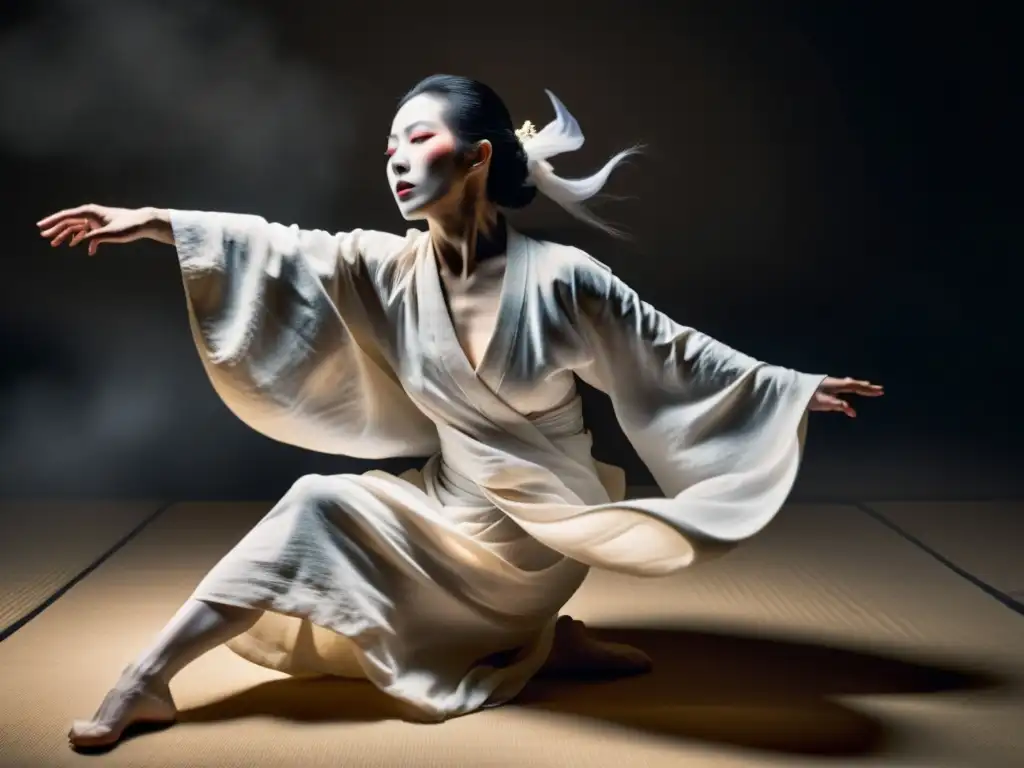 Imagen impactante de una actuación de danza tradicional japonesa y arte, con un bailarín de Butoh en un momento hipnótico y etéreo