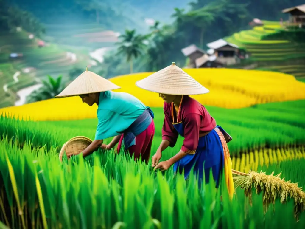 Imagen impactante de agricultores asiáticos trabajando juntos en un campo de arroz en terrazas