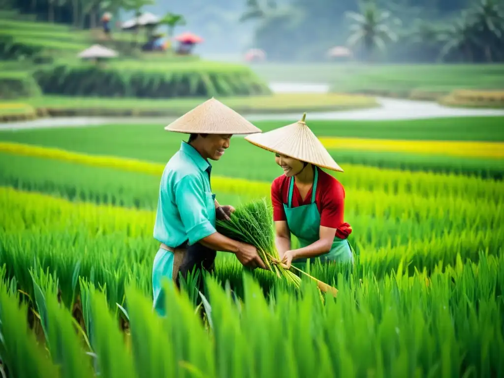 Imagen impactante de agricultores asiáticos trabajando juntos en un exuberante arrozal, transmitiendo la esencia de los sistemas comunitarios de agricultura en Asia