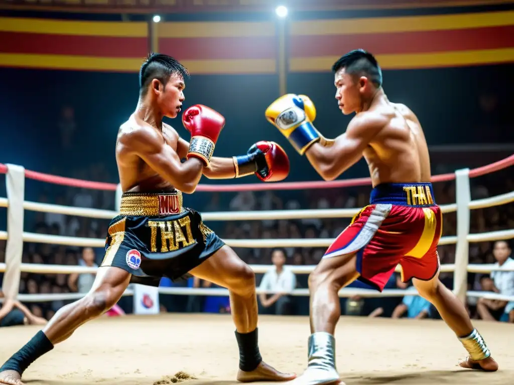 Imagen impactante de antiguos luchadores de Muay Thai en un combate tradicional, representando el origen y evolución del Muay Thai