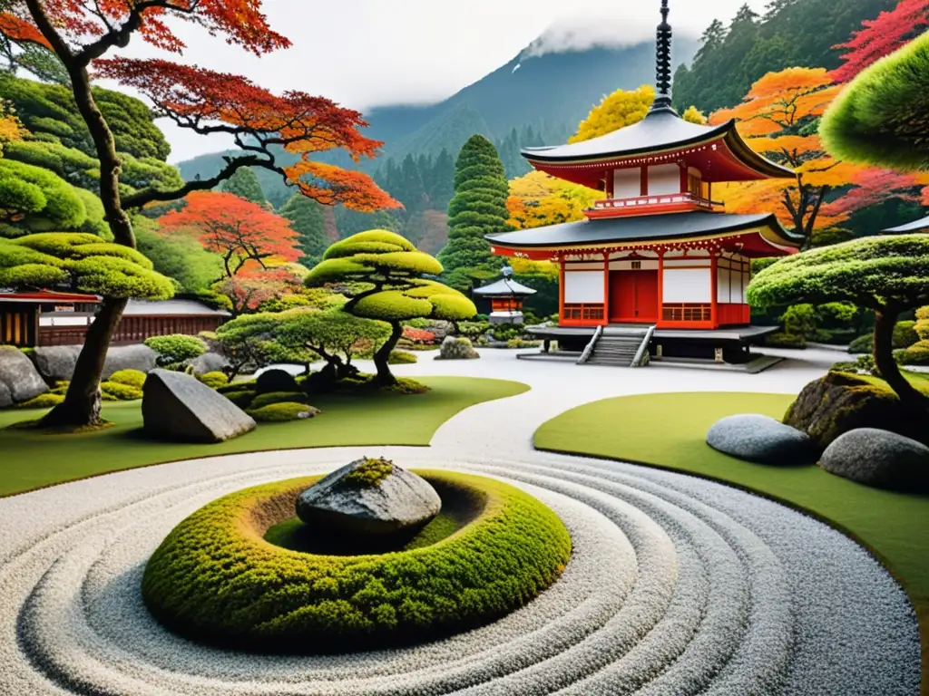 Imagen impactante de un apacible paisaje japonés con jardín Zen y templo, reflejando la influencia del budismo en la pintura japonesa