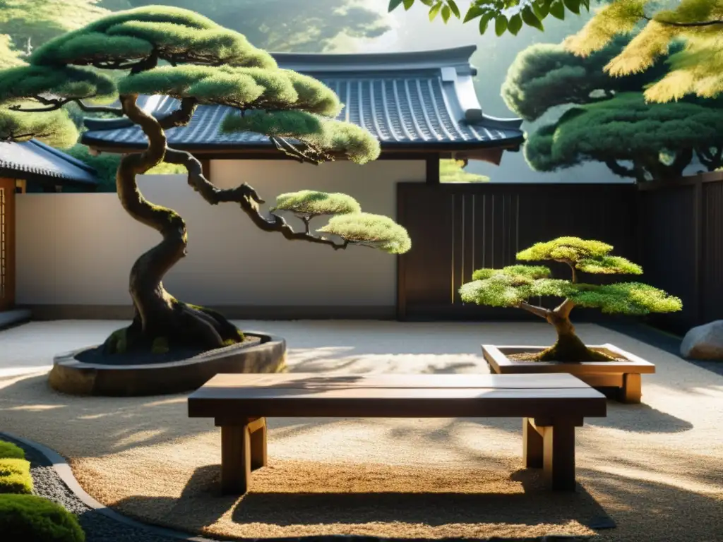 Una imagen impactante en blanco y negro de un jardín japonés minimalista con diseño meticuloso, tranquilo y equilibrado