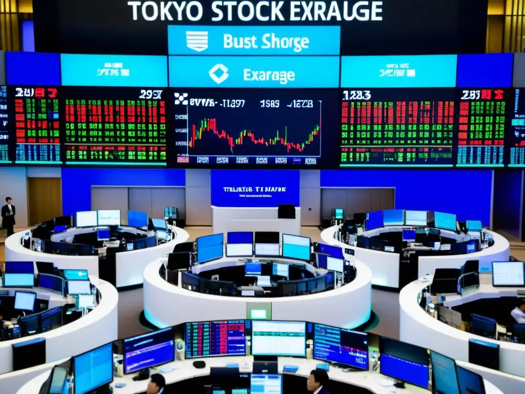 Imagen impactante de la Bolsa de Tokio, con traders en acción y pantallas mostrando datos financieros en tiempo real