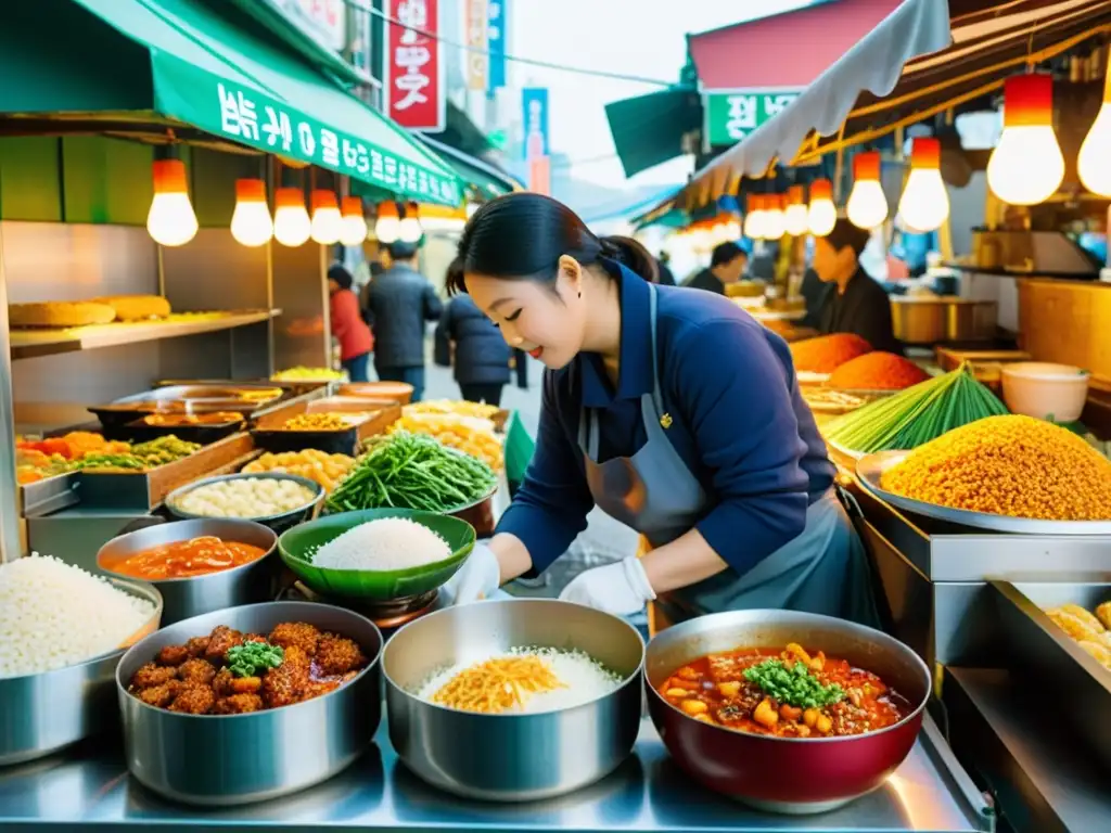 Imagen impactante de una bulliciosa calle de Corea del Sur con vendedores y puestos de comida callejera, destacando la preparación de topokki