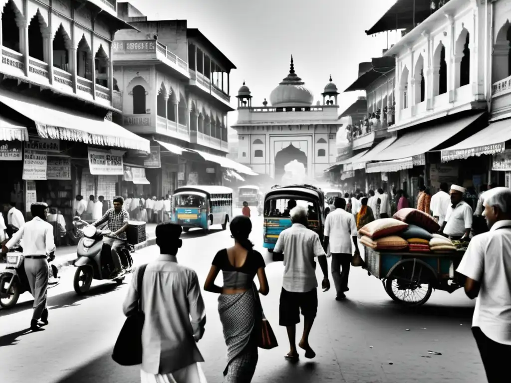 Imagen impactante de una bulliciosa escena callejera en India, con gente vendiendo, charlando y viviendo