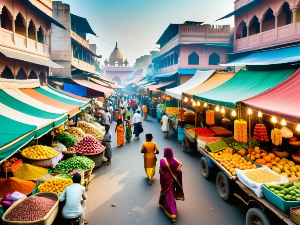 Imagen impactante de un bullicioso mercado indio, con colores vibrantes y diversidad de personas