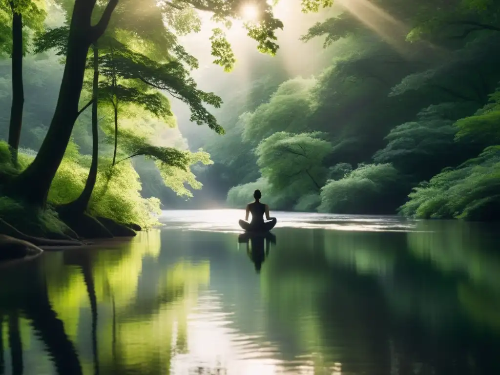 Imagen impactante de la búsqueda espiritual de Siddhartha en un río sereno, reflejando calma y contemplación