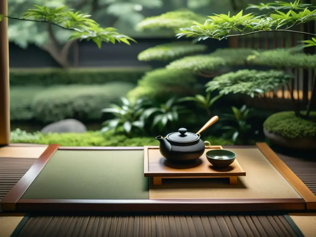 Imagen impactante de una ceremonia de té japonesa en un jardín sereno, que captura la esencia de la tranquilidad y la belleza natural