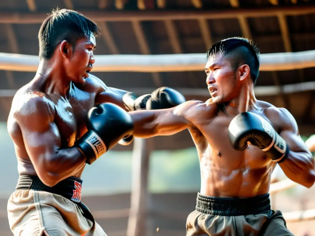 Imagen impactante de un combate tradicional de Lethwei en Myanmar, con luchadores sudorosos en plena acción