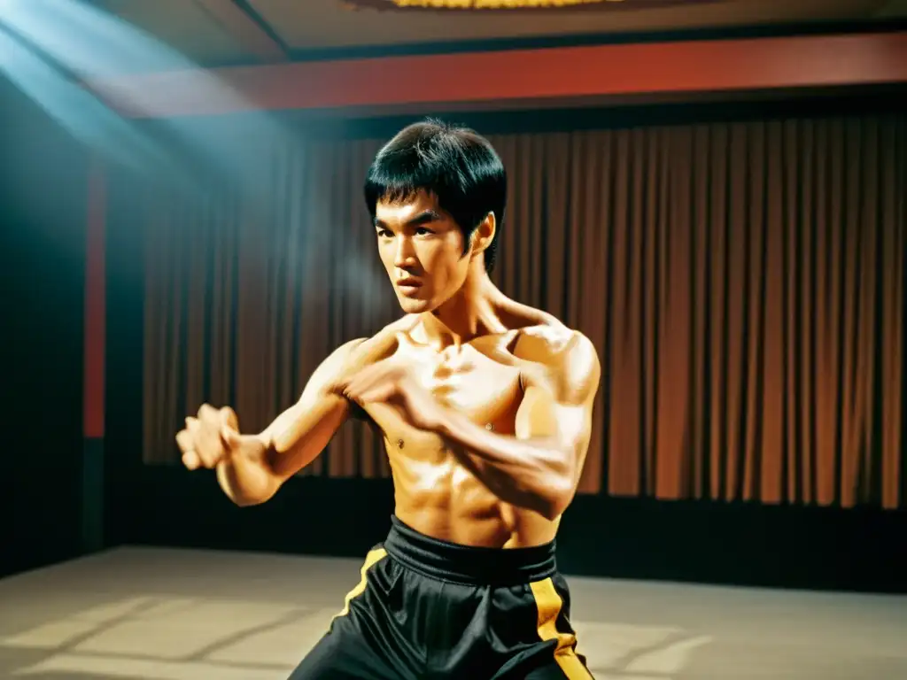 Imagen impactante de Bruce Lee ejecutando un dinámico movimiento de artes marciales en un set de película, mostrando la historia de las artes marciales en el cine con intensidad y gracia