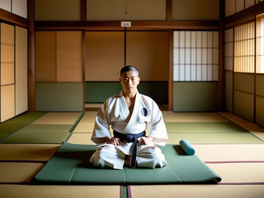 Imagen impactante de un dojo japonés tradicional con práctica de judo, destacando la revolución del pensamiento marcial japonés