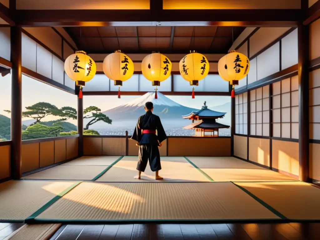 Imagen impactante del dojo japonés en la Era Meiji, con practicantes de artes marciales bajo la luz de las linternas de papel y el Monte Fuji al fondo