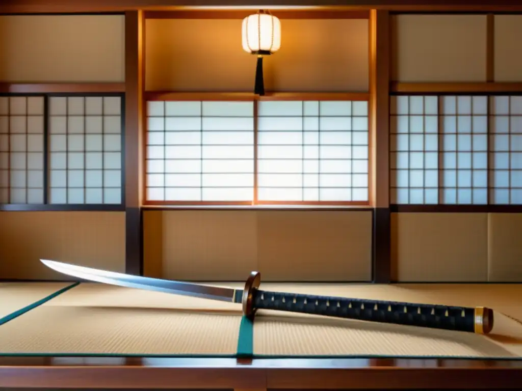 Imagen impactante de un dojo japonés tradicional, con bokken en un estante, shoji al fondo y un sensei demostrando la técnica de espada