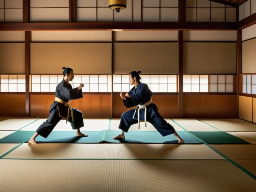 Imagen impactante del dojo durante la Era Meiji, con practicantes de artes marciales japonesas inmersos en su entrenamiento tradicional