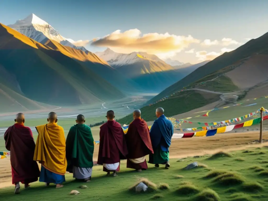 Imagen impactante de la enseñanza tibetana sobre realización, con monjes meditando en un paisaje montañoso sereno y místico