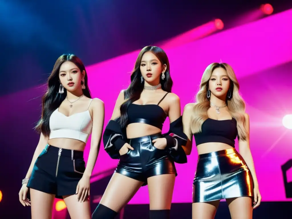 Imagen impactante de Blackpink rompiendo estereotipos en la música global, proyectando confianza y poder en el escenario