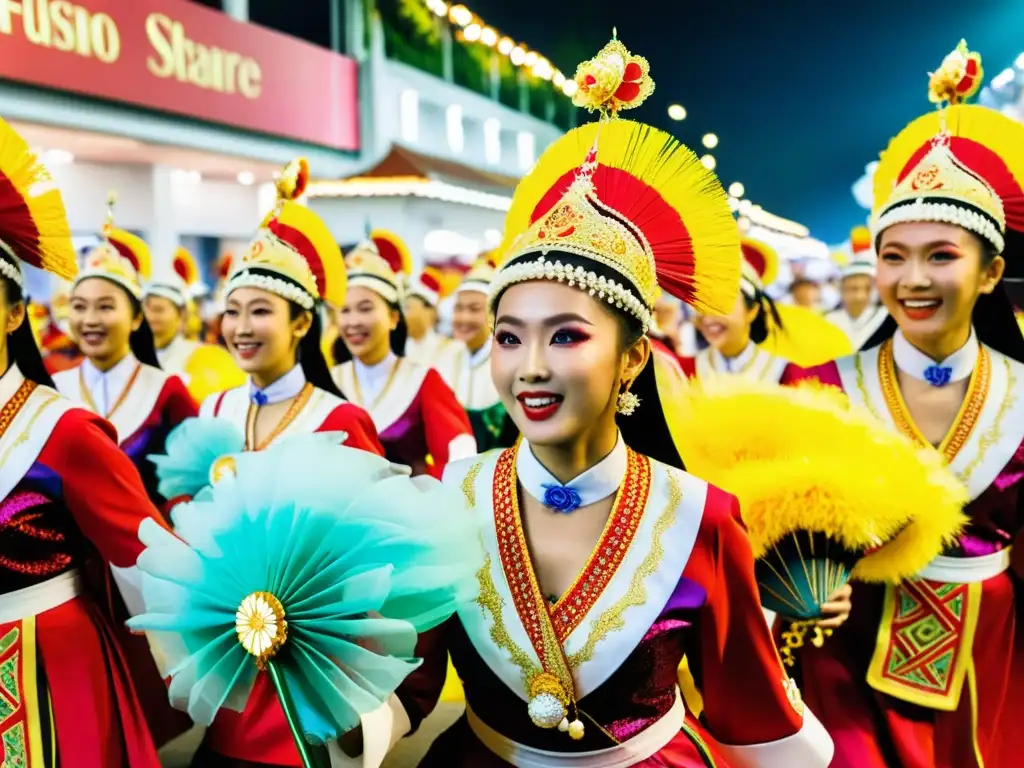 Imagen impactante del Festival Chingay Parade en Singapur: artistas en trajes tradicionales bailando con energía y colorido en la vibrante procesión