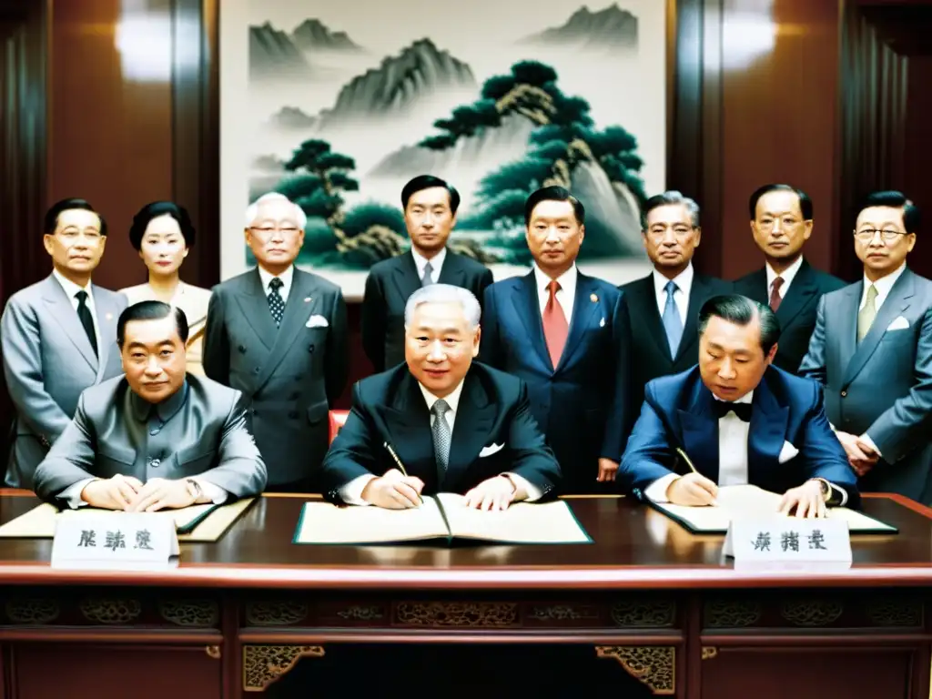 Imagen impactante de la firma de Tratados Desiguales Soberanía Qing, con oficiales chinos sombríos y diplomáticos extranjeros triunfantes